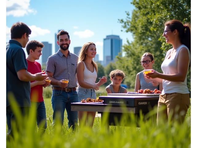 Maple Hearth Grills team participating in a Calgary community BBQ event, surrounded by happy people.