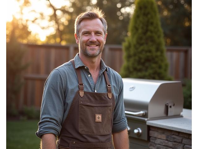 Maple Hearth Grills founder passionate about grilling in a rustic outdoor kitchen setting.
