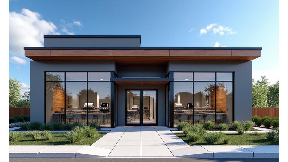 Exterior of the Maple Hearth Grills showroom in Calgary, inviting and modern.