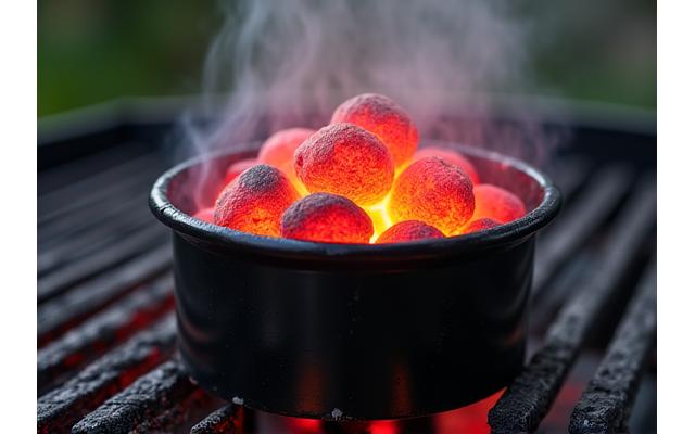 Charcoal chimney starter with briquettes inside