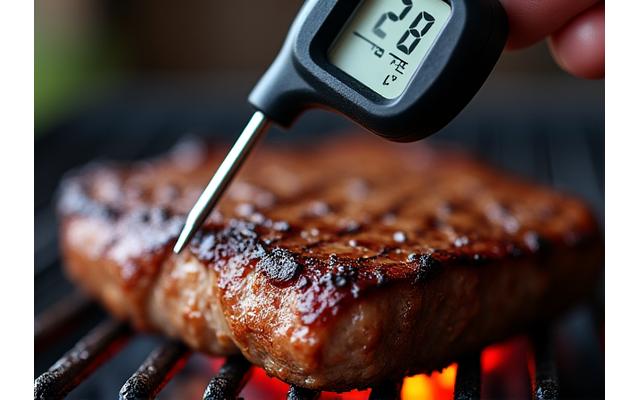 Digital meat thermometer inserted into a steak on a grill