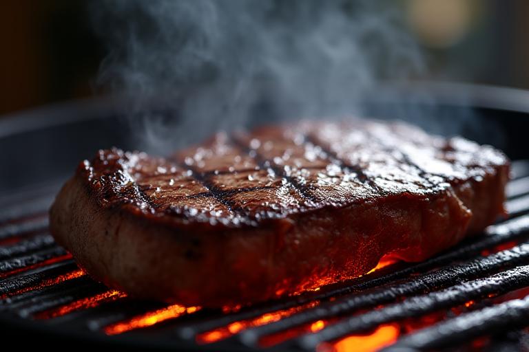 Steak with perfect grill marks and natural smoke visible