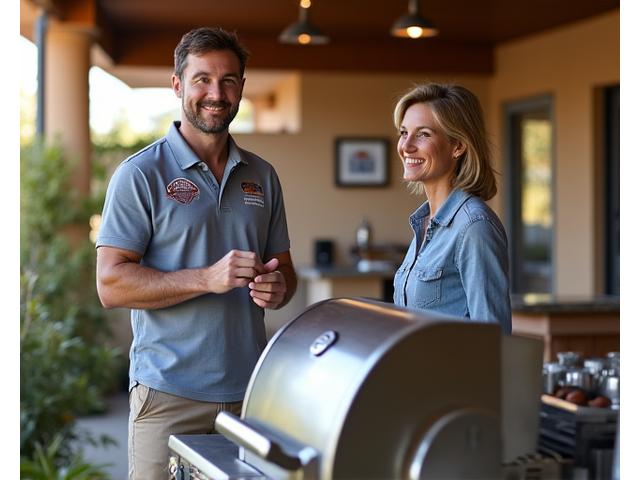 Team member assisting a customer at Maple Hearth Grills showroom with a premium grill