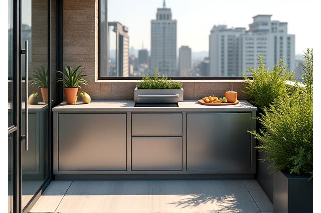 Compact outdoor kitchen ideal for a balcony or small patio, with a built-in grill and efficient prep area.