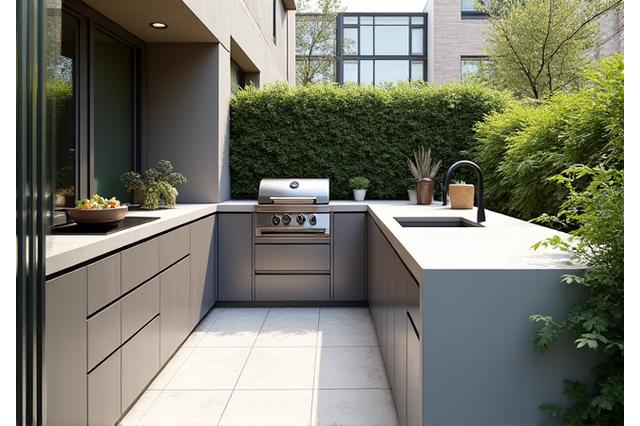 Compact contemporary outdoor kitchen in an urban courtyard, with sleek lines, built-in gas grill, and minimalist aesthetic.