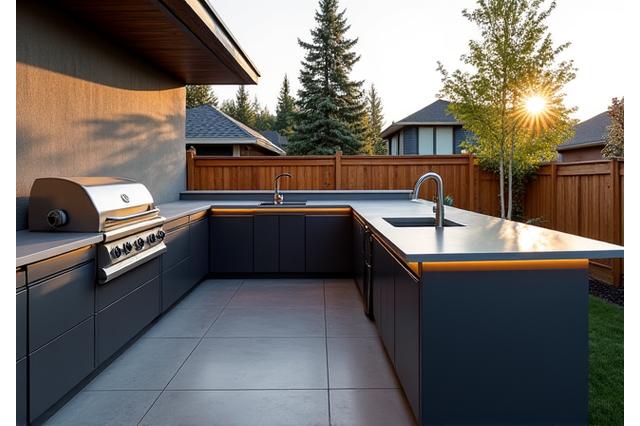 Contemporary outdoor kitchen with smart grill, polished concrete, and sleek cabinetry in an urban backyard setting.