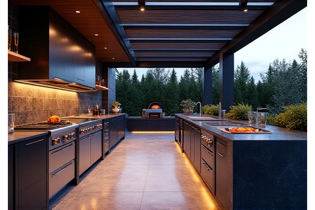 Luxury outdoor kitchen with a large built-in grill, multiple burners, pizza oven, and a bar area, set under a heated pergola.
