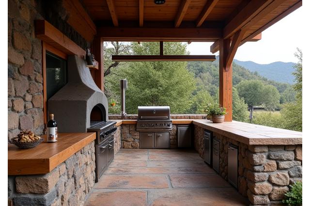 Rustic outdoor kitchen on an acreage property, featuring a large wood-fired smoker, natural stone counters, and robust timber pergola.
