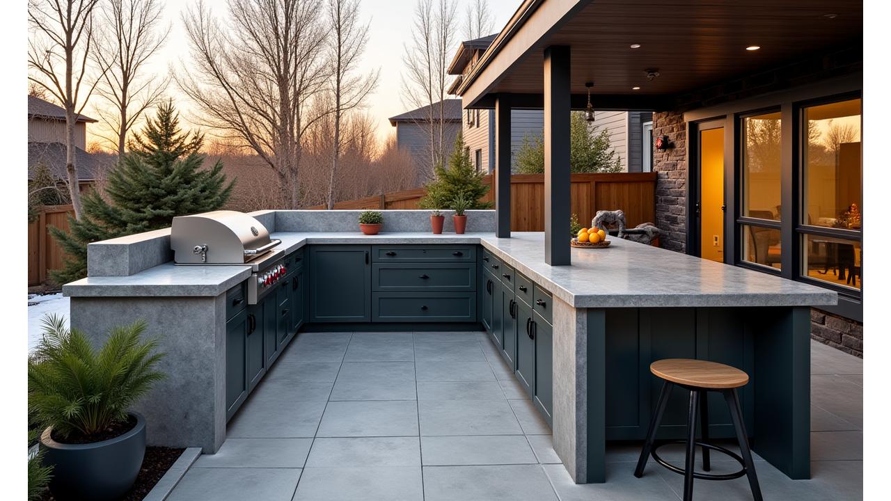Luxurious outdoor kitchen in a Calgary backyard with a large grill, elegant stone countertops, and comfortable seating, subtly inviting use even in cooler weather.
