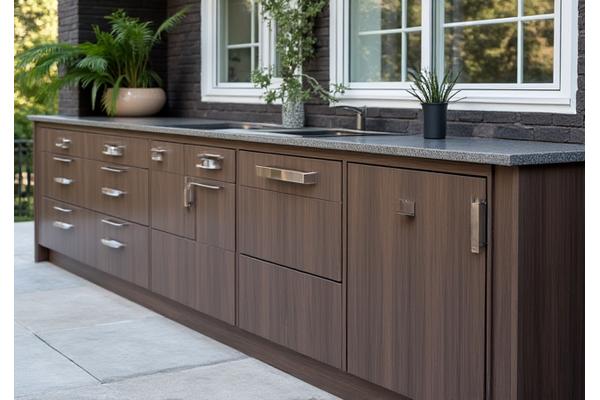 Weather-resistant outdoor cabinetry in a modern design, with stainless steel pull handles.