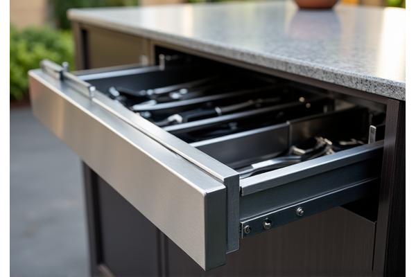 Pull-out trash and recycling drawer in an outdoor kitchen island, made of stainless steel.