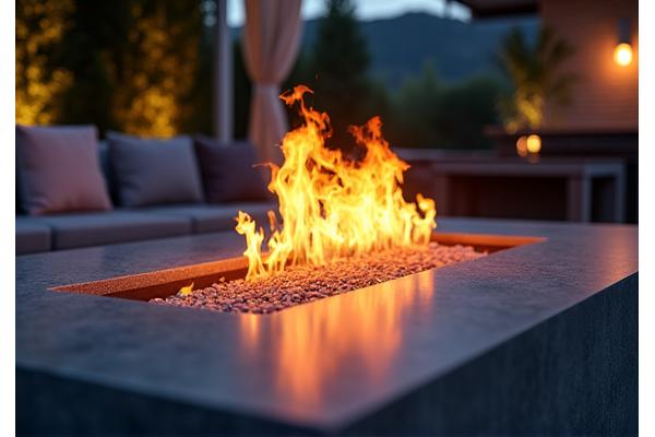 Elegant built-in gas fire pit feature next to an outdoor kitchen seating area.