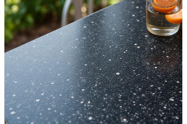 Polished granite countertop in an outdoor kitchen, showing natural speckled patterns.