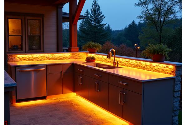 Soft LED strip lighting illuminating an outdoor kitchen counter and backsplash at dusk.