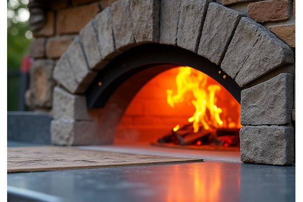 Built-in outdoor pizza oven with a classic stone finish, flames visible.