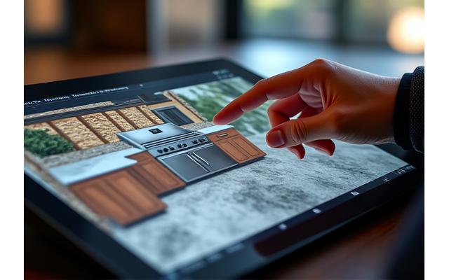 Detailed 3D design rendering of a modern outdoor kitchen displayed on a screen, showcasing various material options like granite countertops and stainless steel appliances.