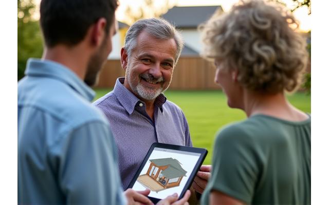 Designer consulting with homeowners in a backyard, pointing to a tablet with a design layout, indicating a friendly, collaborative process.