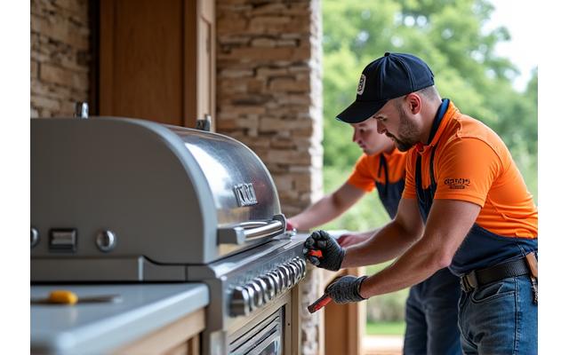 Certified Maple Hearth Grills technicians expertly installing an outdoor grill unit into a custom island, wearing safety gear, demonstrating professionalism.