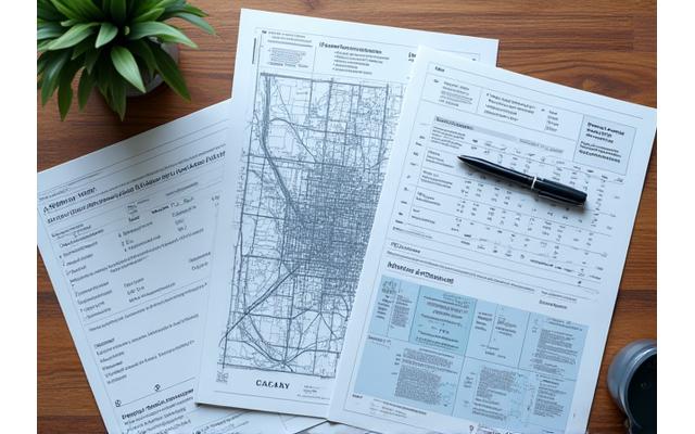 Documents and blueprints laid out on a table with a Calgary city map, symbolizing the permit acquisition and planning phase.