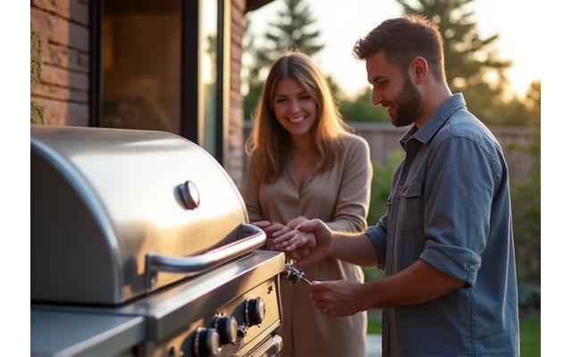 Homeowner smiling while an installer explains features of their new outdoor grill, showing user-friendly training and support.