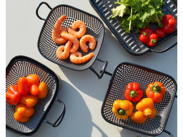 Assorted grill baskets and non-stick cooking surfaces