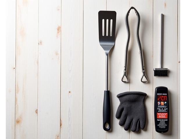 A collection of essential grilling tools like spatula, tongs, cleaning brush, and instant-read thermometer neatly arranged in a beginner's bundle.