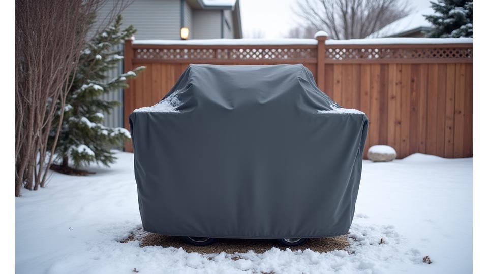 A heavy-duty, custom-fit grill cover protecting a large BBQ grill outdoors during winter in Calgary.