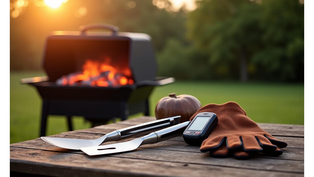 Dynamic display of premium BBQ tools and accessories including tongs, spatulas, and smart thermometers on a rustic wooden surface with a modern grill in the background.