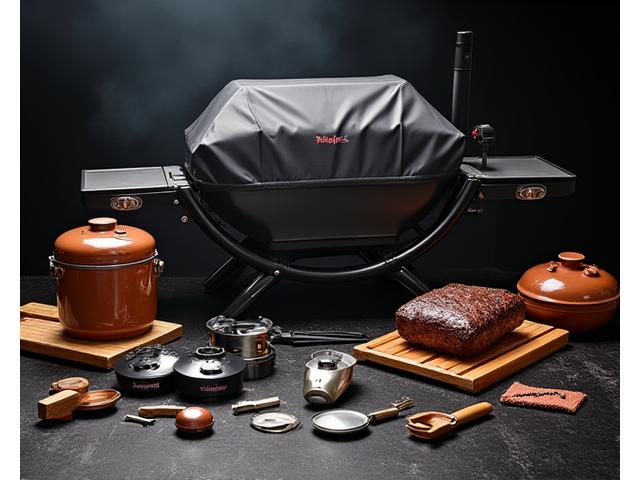 An elaborate collection of professional grilling tools including a rotisserie kit, wireless thermometer, smoking box, and heavy-duty covers, meticulously arranged.