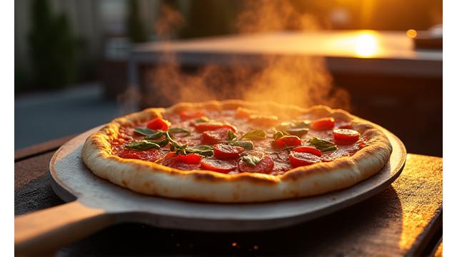 Pizza stone with a perfectly cooked pizza on a grill