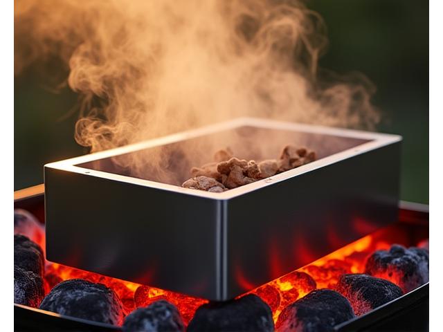 A stainless steel smoking box filled with wood chips on hot grill grates, emitting a flavorful smoke.