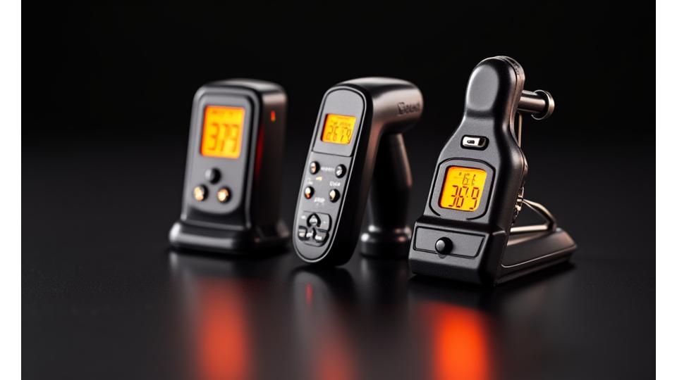 A collection of high-precision grill thermometers on display, including instant-read, wireless, and infrared models, demonstrating their sleek design and digital readouts.