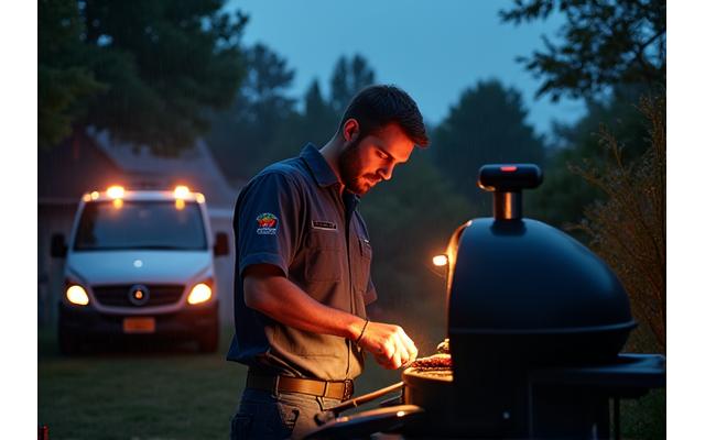 Technician working on a grill under a temporary light at dusk, symbolizing urgent repair service.