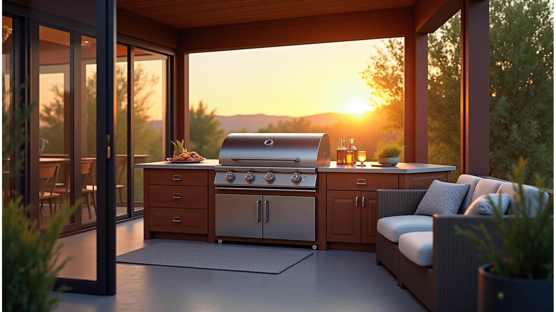 Expansive custom outdoor kitchen with a premium barbecue grill under the golden hour sun in a Calgary backyard