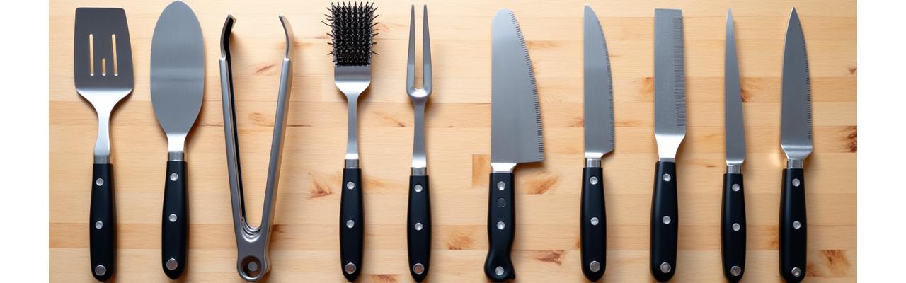 Various high-quality grill accessories including spatulas, tongs, and grill brush, neatly arranged