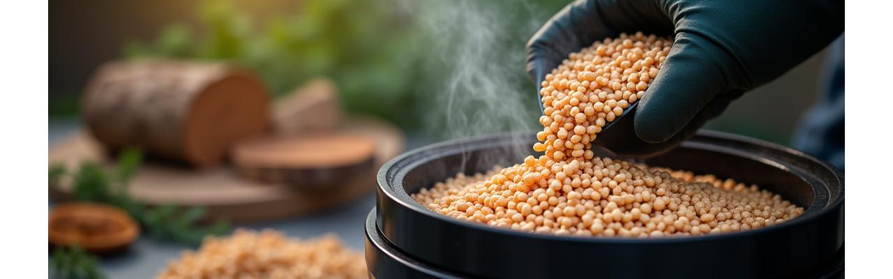 Gloved hand placing sustainable wood pellets into a grill hopper, emphasizing eco-friendly fuel