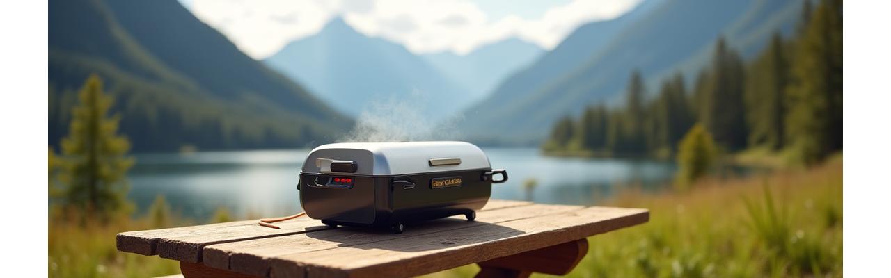 Compact, stylish portable grill set up on a picnic table in a scenic park with a blurred natural background
