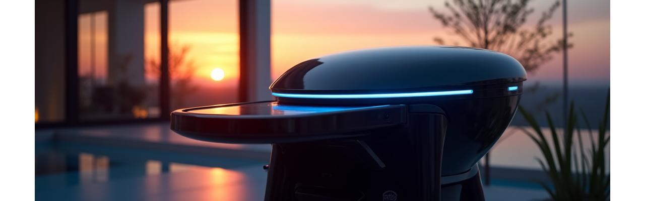 Sleek smart grill glowing with internal blue LED lights, showing a smartphone connected to its interface