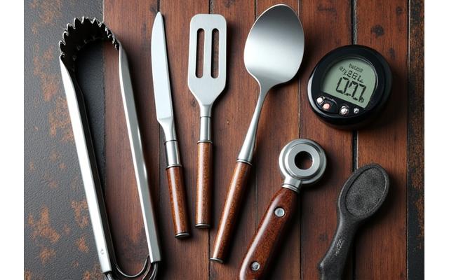 Assortment of high-quality grilling tools and accessories laid out neatly on a wooden board