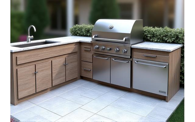 3D rendering of a modern outdoor kitchen design with built-in grill and sleek countertops