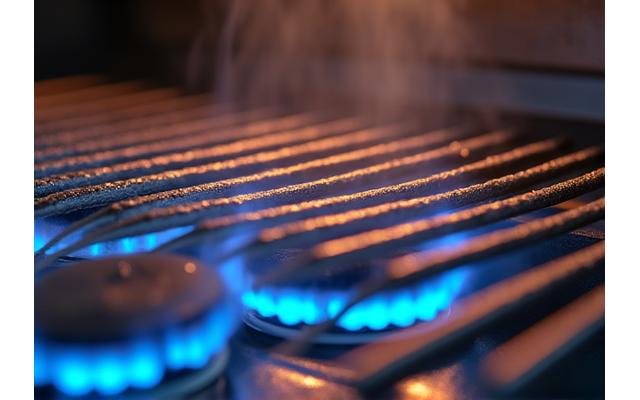 Close-up of a high-performance gas grill igniting with visible flames and polished stainless steel