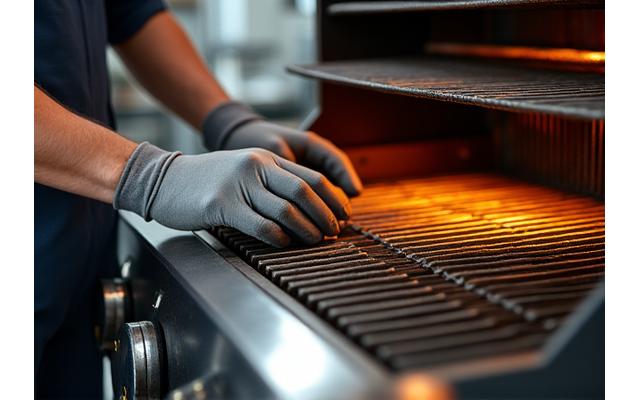Professional technician inspecting a barbecue grill burner, demonstrating repair expertise