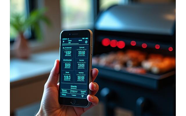 Smartphone displaying grill temperature and cooking timer synced with a smart grill