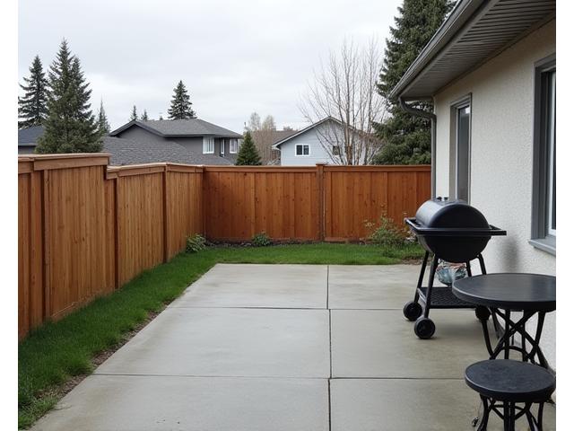 Before shot: Empty, plain backyard patio space with just a small portable BBQ