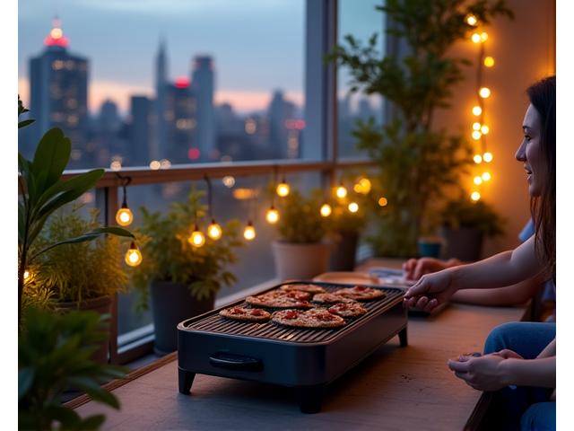 A small portable electric grill set up on a modern apartment balcony with lush greenery, showing food being cooked for two people.