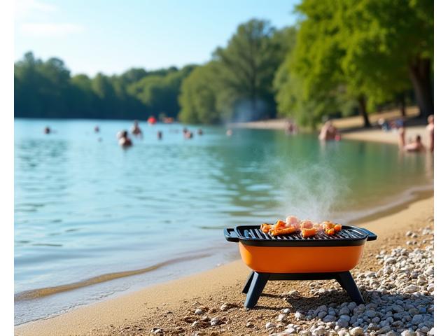 A portable grill positioned near the shore of a clear lake, with a sandy beach and people swimming in the background, steam rising from food.
