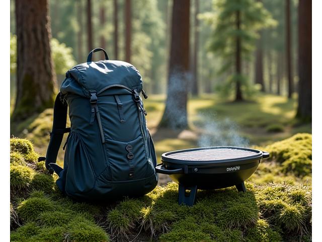 An ultra-lightweight camping grill packed neatly beside a backpack at a remote campsite, surrounded by tall pine trees.