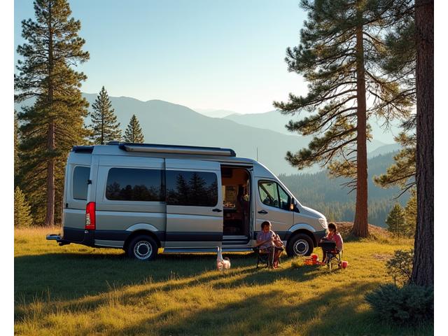 A family enjoying a meal cooked on a portable grill outside their RV, amidst a beautiful national park campground.