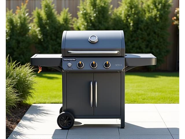 A cart-style portable grill, fully assembled with side tables and a large cooking surface, positioned on a patio ready for a large family gathering.