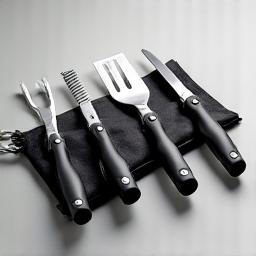 A compact, collapsible grill tool set including spatula, tongs, and cleaning brush, neatly stored in a travel pouch.